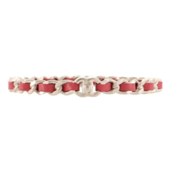CHANEL Interwoven Chain CC Turnlock Bracelet Metal and Leather Red Size Large - Picture 1 of 15